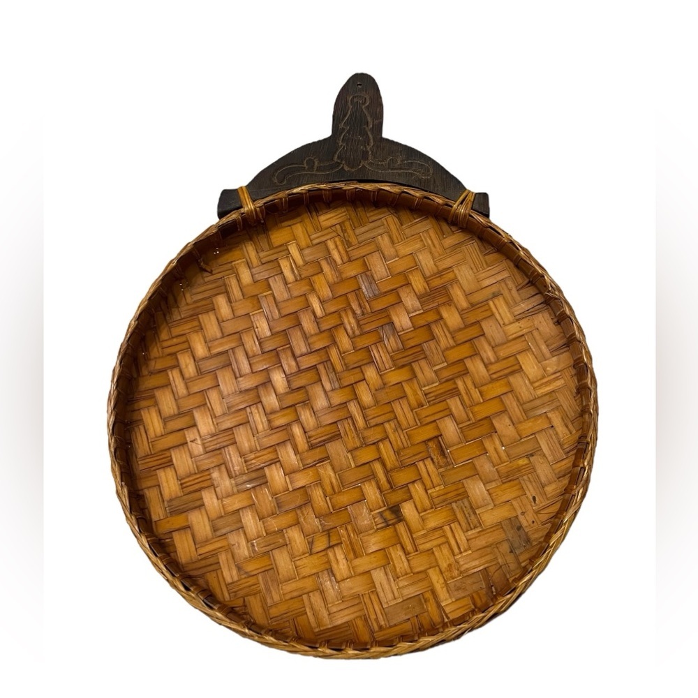Vintage Large Rattan Bamboo Tray Handcarved Wood Handle Boho Table Wall Decor